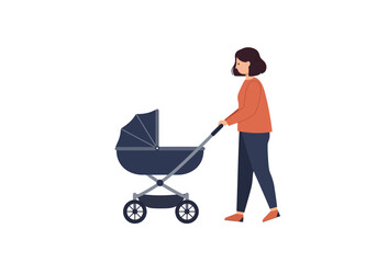 Woman in orange sweater pushes a navyblue stroller