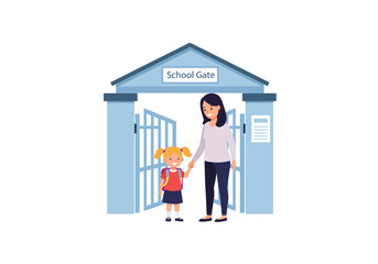 Woman leads child with pigtails through the open gates of a school