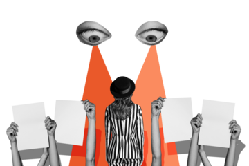 Composite photo collage of demonstration banner hand stand girl back riot rebellion protest concept picket isolated on painted background