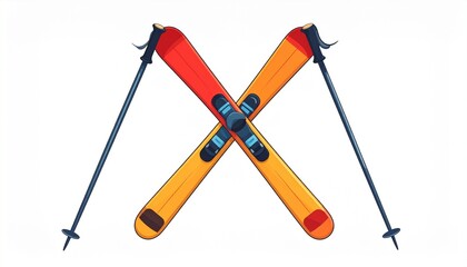 A vector illustration of a pair of skis crossed with poles flat winter sports style isolated on white background
