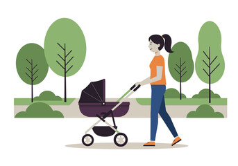 Woman pushes a stroller in a park with trees and green bushes