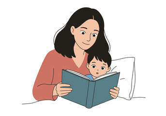 Woman reads a blue book to a young child in bed near a pillow