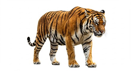 Obraz premium Poderoso tigre caminando bajo luz brillante que acent√∫a sus rayas vibrantes sobre un fondo blanco puro