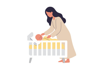 Woman placing baby in crib blanket light beige dress dark hair