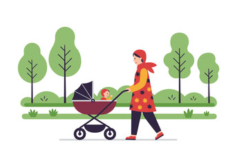 Woman pushes baby stroller along a park path surrounded by stylized trees