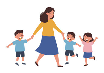 Woman smiling holding hands with three excited children