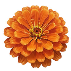 Detailed watercolor painting of a vibrant orange zinnia flower in full bloom isolated on white background