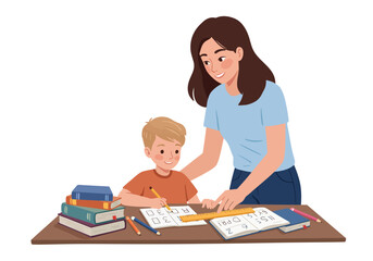 Woman teaching a child at a desk with books pencil and ruler