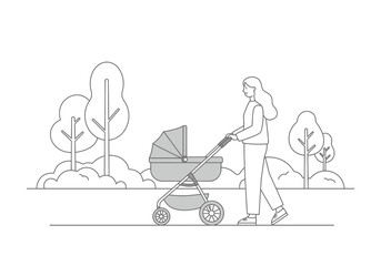 Woman strolls pushing stroller in park with trees