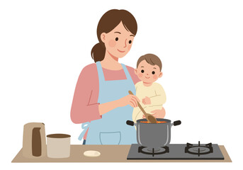 Woman wearing an apron holds a baby while stirring a pot on the stove