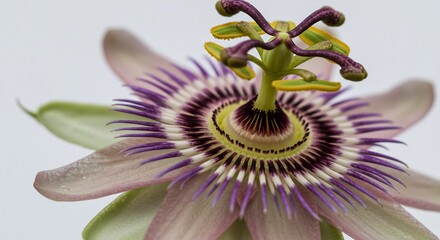 Vibrante flor de la pasi&oacute;n en primer plano con p&eacute;talos morados y blancos destacando su ex&oacute;tica belleza sobre fondo claro