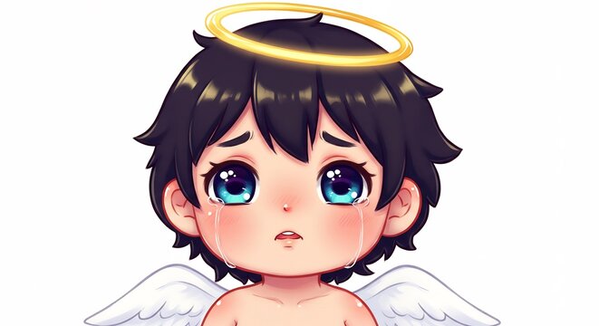 Angelito chibi con mirada triste y l&aacute;grimas en sus ojos estilo anime infantil sobre un fondo blanco sencillo