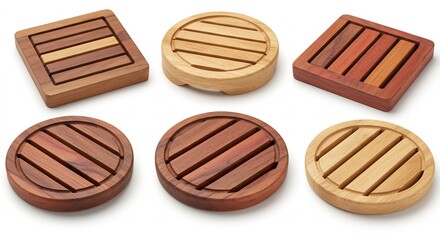 Seis salvamanteles de madera artesanal de distintos tonos bellamente iluminados sobre fondo blanco puro