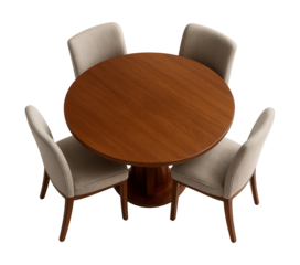 Round dining table with four fabric chairs, wood bases, top view.