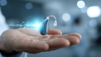 Digital hearing aid held in hand screen interface glowing as a specialist adjusts settings in a softly blurred clinical environment.