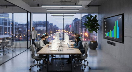 Modern office interior with employees working at desks city skyline visible through large windows displaying business growth graph on screen