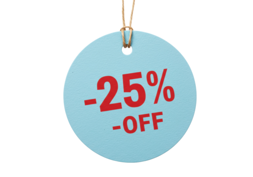 Light blue round tag with red minus 25 percent off isolated, sale discount promotion for retail marketing and advertising