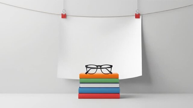 A stack of colorful books with glasses in front, hanging blank paper in a minimalist setting