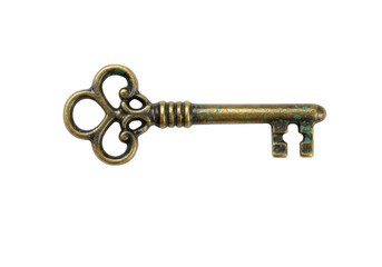 Antique brass key isolated on transparent background, vintage ornate skeleton key for unlocking secrets and historical themes PNG
