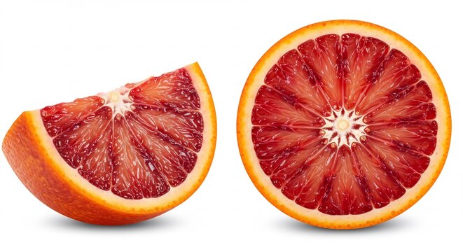 Jugosas naranjas sanguinas cortadas revelan pulpa roja intensa y fresca sobre fondo blanco puro con est&eacute;tica natural y vibrante.