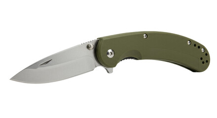 Olive green folding pocket knife isolated on white, everyday carry tool for camping and outdoor activities