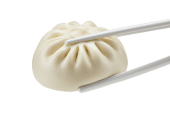 Steamed pork bun held by chopsticks isolated on transparent PNG, traditional Chinese dim sum for Asian cuisine