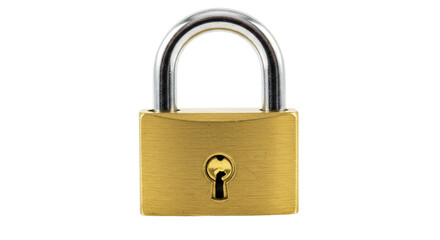 Brass padlock isolated on transparent background, security lock for safety and protection, golden metal lock