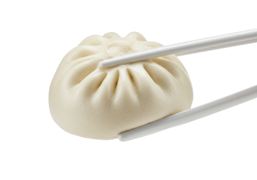 Steamed pork bun held by chopsticks isolated on transparent PNG, traditional Chinese dim sum for Asian cuisine