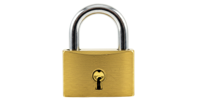 Brass padlock isolated on transparent background, security lock for safety and protection, golden metal lock