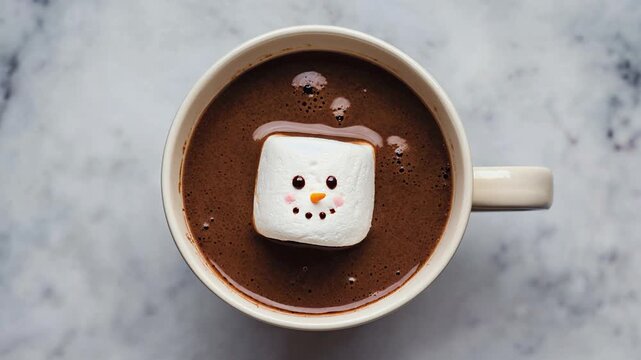 Hot Chocolate with Adorable Marshmallow Decorated as a Snowman on Marble Table. Video made using Generative AI.