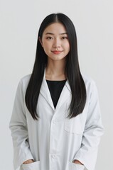 Asian female doctor, early 30s, light-medium tan skin tone, long straight black hair neatly styled generative AI