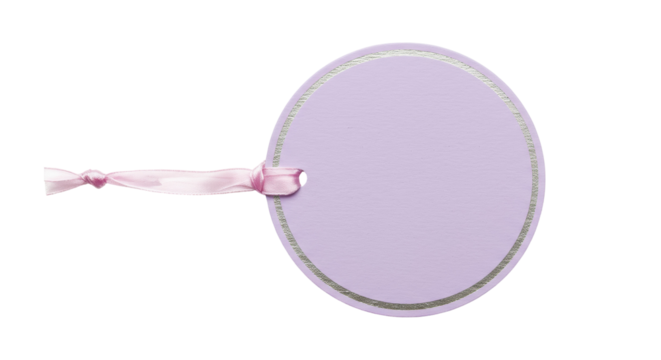 Oval lilac gift tag with pink ribbon isolated on transparent background, blank label for birthday present or baby shower favor