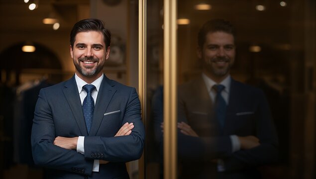 Man sales consultant in a suit and tie in a men's fashion shop generative AI