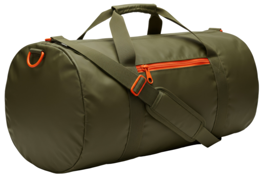 Olive green duffel bag isolated on transparent background, gym bag for sports and travel