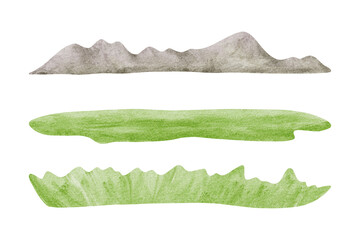 Simple grass land and mountains in child drawing style watercolor illustration set isolated on white. Green lawns hand drawn clip art for kids designs