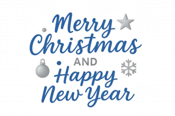 Merry christmas and happy new year text with festive ornaments, blue script lettering, and transparent background