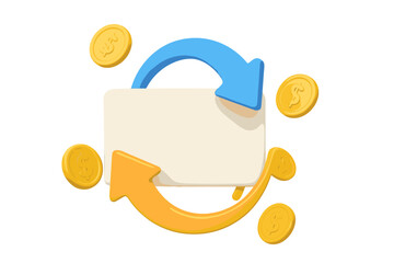 3D cashback money refund icon. Credit card with falling dollar coins and transfer arrows. Financial bonus, online payment reward, loyalty program promotion concept vector.