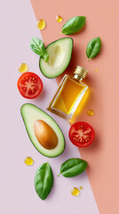 Fresh ingredients including sliced avocado, tomatoes, basil leaves, and olive oil arranged on a pastel background