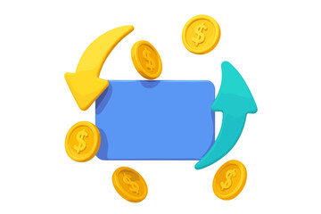 3D cashback and money refund concept. Online payment service or digital wallet with falling gold coins and transfer arrows. Financial reward program or ecommerce promotion.
