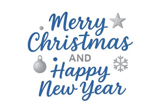 Merry christmas and happy new year text with festive ornaments, blue script lettering, and transparent background