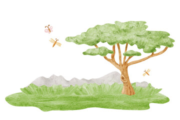 African umbrella acacia tree on green grass lawn with mountains watercolor illustration isolated on white. Savanna landscape clip art for kids safari designs. Colorful nature in childish drawing style