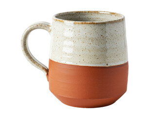 Two-tone ceramic mug isolated on white, rustic pottery drinkware with handle for coffee, tea, or...