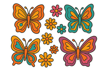 Groovy butterfly sticker set from the 1970s. Collection of vintage hippie butterflies and flowers. Bright contour design for a retro cartoon aesthetic. Hand drawn vector pack.