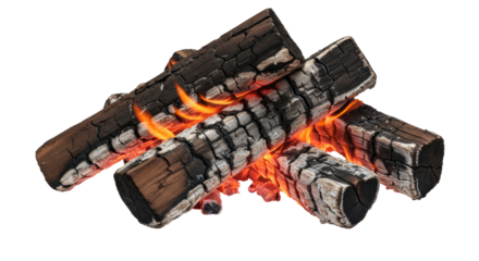 Burning firewood isolated on transparent background, charred logs with flames for campfire or fireplace PNG