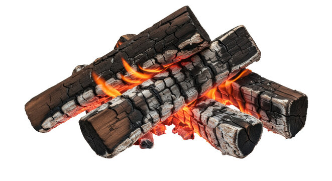 Burning firewood isolated on transparent background, charred logs with flames for campfire or fireplace PNG