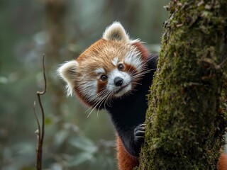 Naklejka premium Adorable red panda peeking curiously from behind a mossy tree trunk in its natural forest habitat, creating a sense of wonder and discovery.