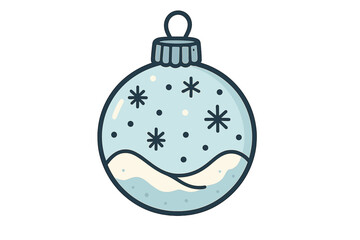 Blue Christmas ball ornament with snow and snowflakes isolated on white. Vector flat hand-drawn illustration. Festive holiday decoration for Xmas and New Year's Eve celebration.