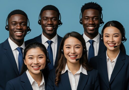 A diverse team of customer service representatives, wearing headsets and formal attire, smiling brightly against a vibrant blue backdrop.