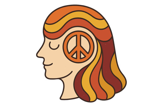 Free your mind retro groovy 70s concept. Woman head profile silhouette with peace symbol inside. Positive motivational psychology. Vector for t-shirt, poster. Hippie vintage graphic.