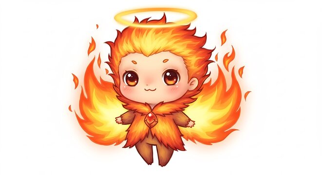 Adorable esp&iacute;ritu de fuego chibi con halo dorado brilla intensamente creando una est&eacute;tica m&aacute;gica y energ&eacute;tica